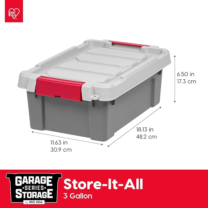 IRIS USA 5-Pack 3 Gal Heavy Duty Lockable Storage Totes with lids, Gray | Built for tools, hardware, emergency supplies and small equipment, Stackable design keeps spaces organized