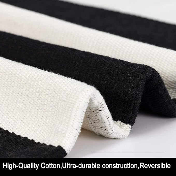 Black and White Outdoor Rug 35.4 x 59 Inches Striped Front Door Mat Front Porch Rug Hand-Woven Machine Washable Indoor/Outdoor Layered Door Mats for Entryway/Porch/Patio