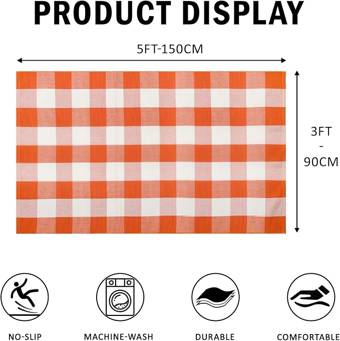 Buffalo Plaid Outdoor Rug 3x5 Ft Orange and White Checkered Area Rug Halloween Washable Doormats Fall Indoor Outdoor Rugs for Layered Front Door Mats, Porch, Entryway, Kitchen, Farmhouse