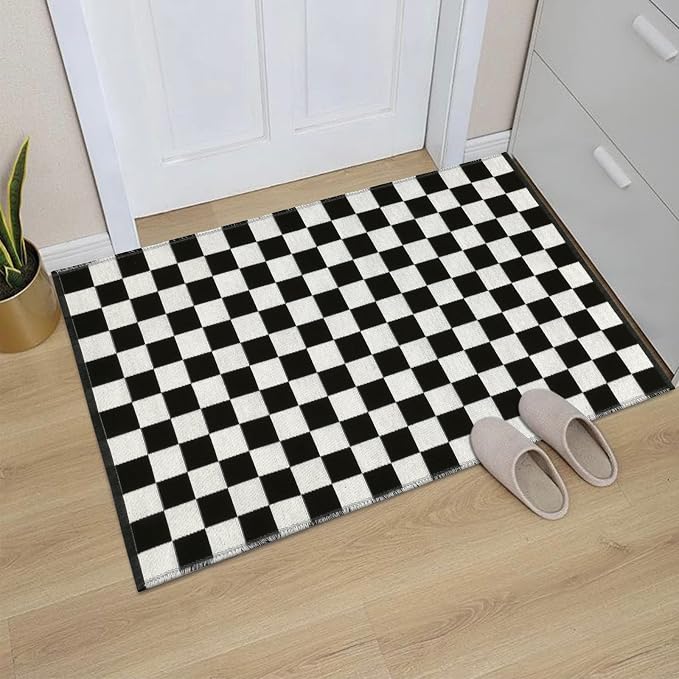 Seavish Checkerboard Rug, 2x3 Ft Black and White Checkered Outdoor Door Rug | Washable Cotton Woven Washable Outdoor Door Rugs, Reversible Floor Mat for Front Door Bedroom Entryway Kitchen
