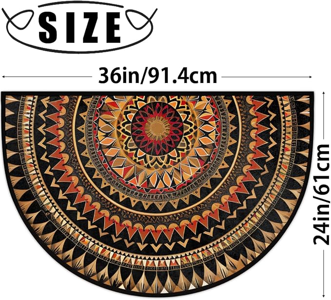 Mandala Boho Half Round Door Mat Non Slip Half Circle Rugs | Ethnic Flower Washable Half Moon Rug Semi Circle Rugs Indoor Entrance Floor Carpet for Kithen Bedroom Fireplace Decor