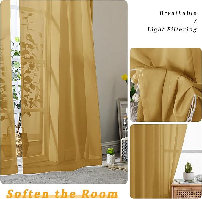 Gwine Gold Sheer Curtains 90 Inches Long 2 Panels Set, Light Filtering Solid - Image 3