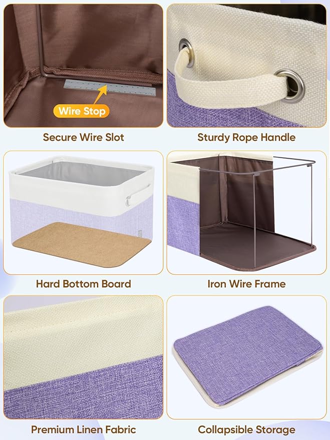 BALEINE 2 Pack Fabric Closet Storage Bins for Shelves, Linen Closet Organizers and Storage, Decorative Baskets for Organizing, Shelf, Clothes, Home, Office (Lavender, 12"x8"x8")