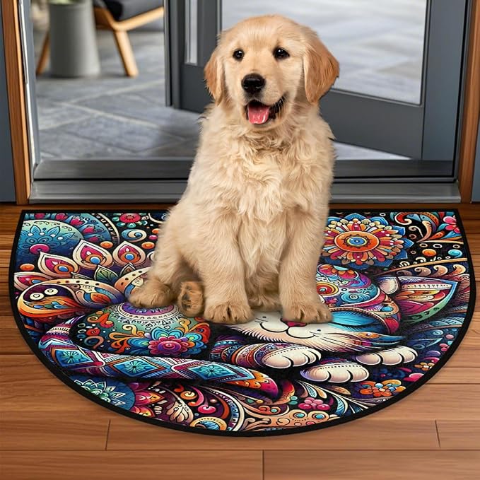 Cat Cute Colorful Half Round Door Mat Non-Slip Semi Circle Rug Washable Half Moon Floor Rug Absorbent Bathroom Area Rugs for Outdoor Indoor Fireplace Mat Entryway Kitchen Decor Rugs