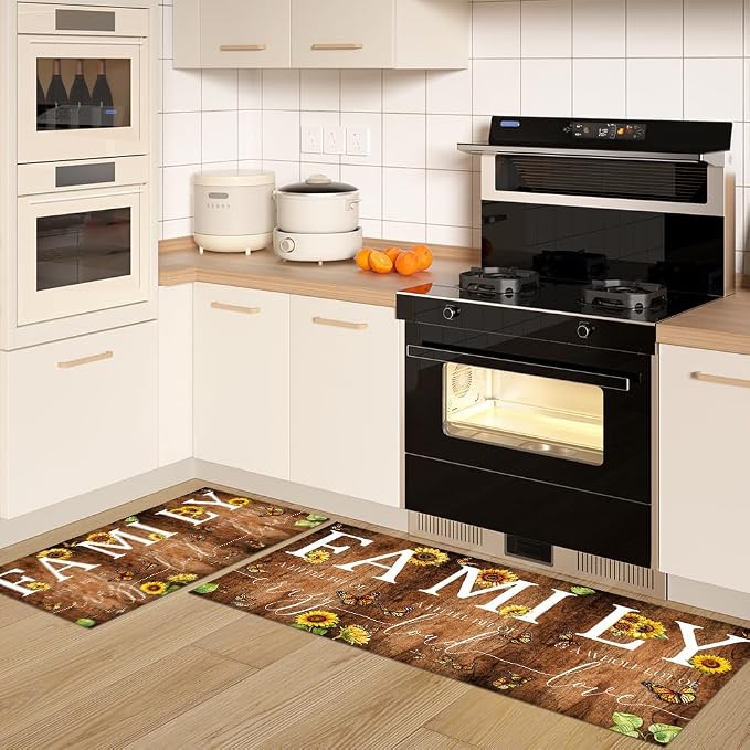 GUBIYU Kitchen Rug Set of 2, Rustic Brown Wood Grain Sunflower Living Room Rugs Anti Fatigue Kitchen Mats Non Skid Waterproof Kitchen Rugs Farmhouse Comfort Standing Kitchen Mats for Floor Home Office