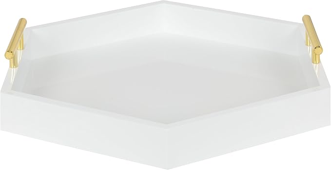 Kate and Laurel Lipton Hexagon Decorative Tray with Polished Metal Handles, White and Gold