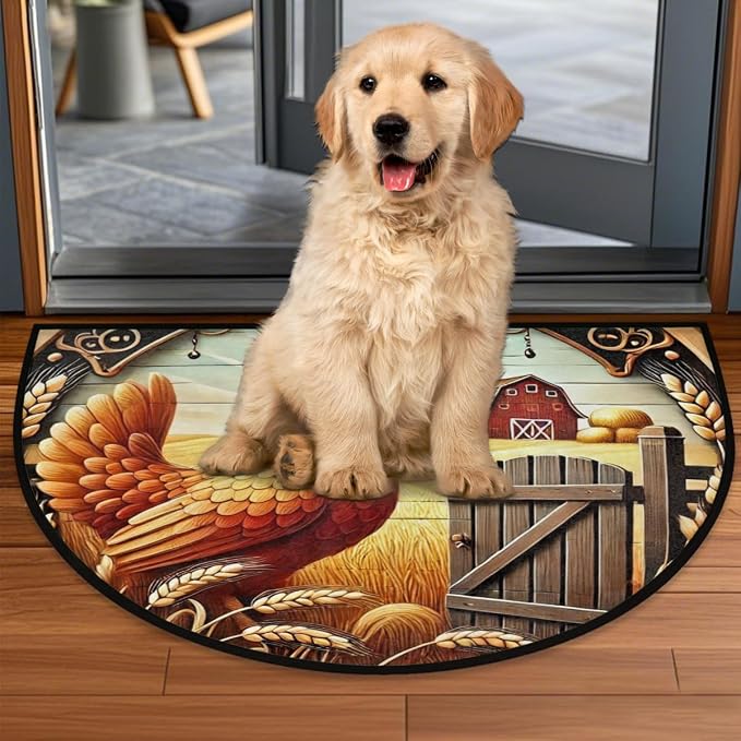 Rooster Half Round Doormat Semi Circle Rug Half Moon Rug Entryway Mat | Rooster Farm Washable Non Slip Outdoor Floor Rug Kitchen Mat for Indoor Outdoor Bathroom Fireplace Bath Decor