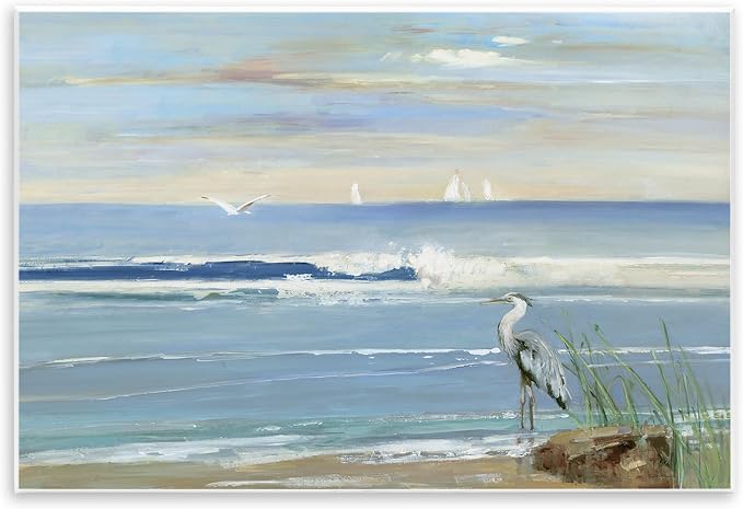 Heron Splashing Beach Waves, 13 x 19 Inch Mounted Print on Wall Plaque | Stupell Industries · By Sally Swatland · Ready to hang · Coastal nature charm for living room or office · Made in USA