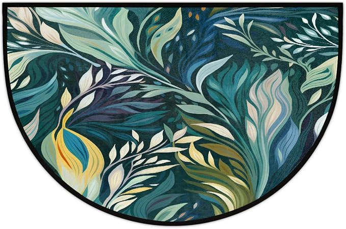 Leaves Half Round Doormat Non-Slip Semi Circle Rug Half Moon Mat | Painting Turquoise Washable Soft Absorbent Indoor Outdoor Entrance Kitchen Bathroom Sink Patio Welcome Fireplace Floor Rug
