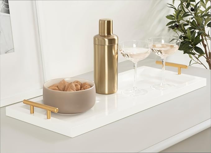 Kate and Laurel Halsey Rectangle Decorative Narrow Tray with Gold Metal Handles; 24 x 10; White and Gold; Modern Glam Slim Serving Tray with Handles for Living Room Decor