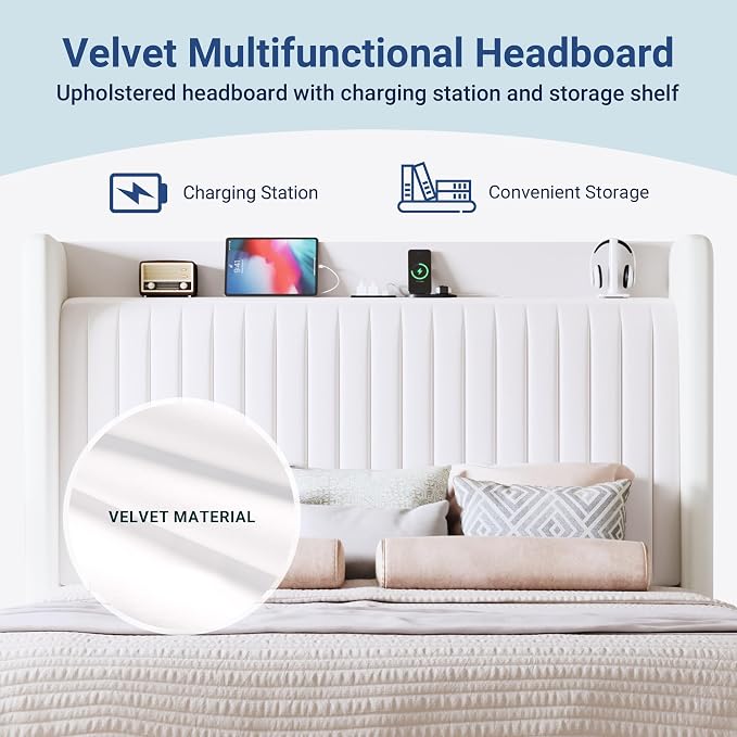 Allewie King Size Platform Bed Frame with USB Charging Station and Storage Shelf/Upholstered Velvet Wingback Headboard/Wooden Slats Support/No Box Spring Needed/Easy Assembly, White