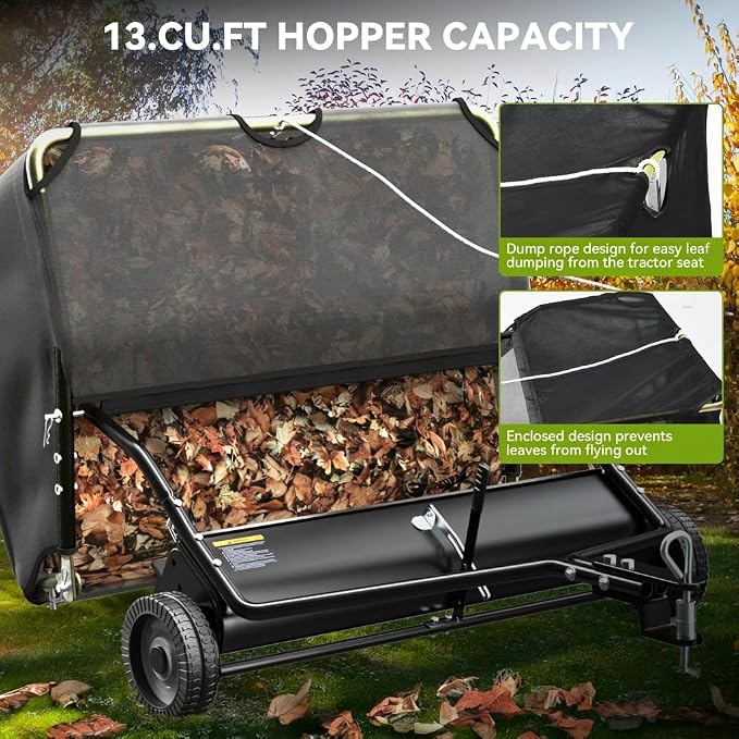 AUTOSAVER88 42" Lawn Sweeper Tow Behind with Adjustable Sweeping Height | Leaf & Grass Collector with Dumping Rope Design, 13 Cu.ft Hopper Pull Behind Lawn Sweeper for Leaves, Grass & Debris