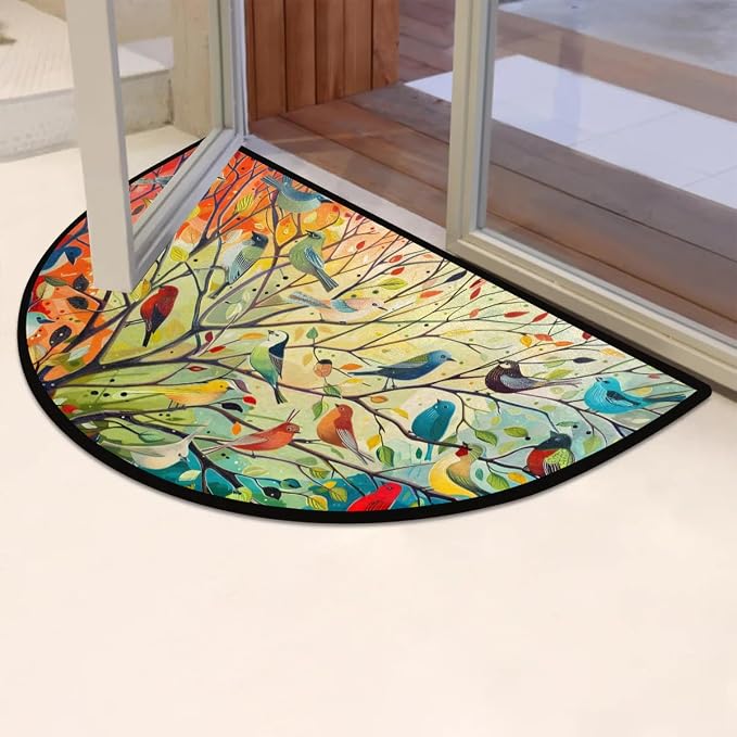 Whimsical Painting of Birds Half Round Door Mat Non-Slip Soft Doormats for Home Indoor Outdoor Entrance Bath Carpet Area Rugs for Home Dining Living Room Bedroom 36" X 24"