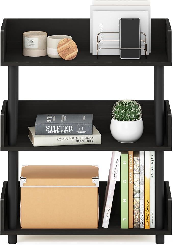 Furinno TURN-N-TUBE Display Shelf, 3-Tier Storage Shelves with Side Panels, Open Shelves Book Shelf with Rounded Corner Top Edges, for Organization and Storage, Living Room, Home Office, Espresso