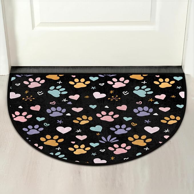 Pardick Half Round Doormat Semi Circle Rug Cute Color Paw Prints Non Slip Indoor Outdoor Entrance Half Moon Rug Absorbent Durable Washable Front Floor Mat for Kitchen Bathroom Patio Fireplace
