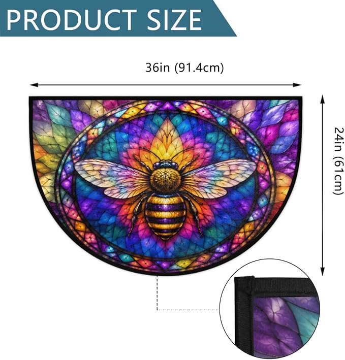 Pardick Bee Half Round Door Mat Welcome Entrance Mat Bath Bathroom Rug A7 | Bee Glass Painting Welcome Entrance Mat Anti-Slip Half Moon Bath Mat Semi Circle Rug Indoor Outdoor Kitchen Rug