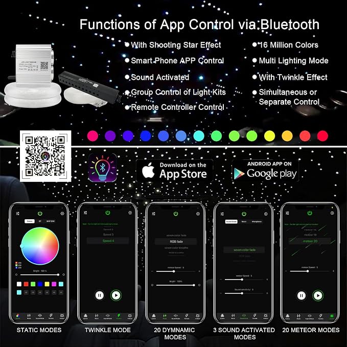 AKEPO Upgraded 16W Dual Head+Twinkle+Shooting Star Fiber Optic Lights Kit, Car Home Use RGBW Star Ceiling Sky Light APP Meteor Music Activated Light Engine+ 920pcs of Mixed Diameter Fibers 9.8ft/3m