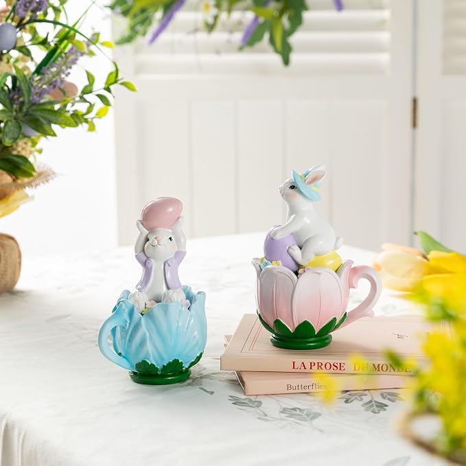 Glitzhome Easter Decorations Bunny Figurine, Set of 2 Resin Rabbit Tabletop Centerpiece Sitting on Tulip Mug with Colorful Egg for Spring Home Indoor & Outdoor Decor