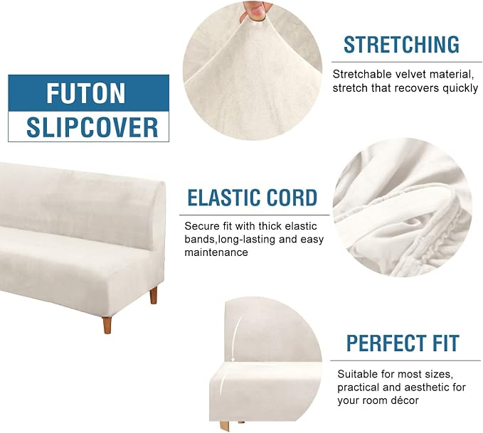 H.VERSAILTEX Real Futon Cover Armless Sofa Covers Sofa Bed Covers Stretch Futon Couch Cover Sofa Slipcover Furniture Protector Thick Soft Fabric Form Fitted Stay in Place, Ivory