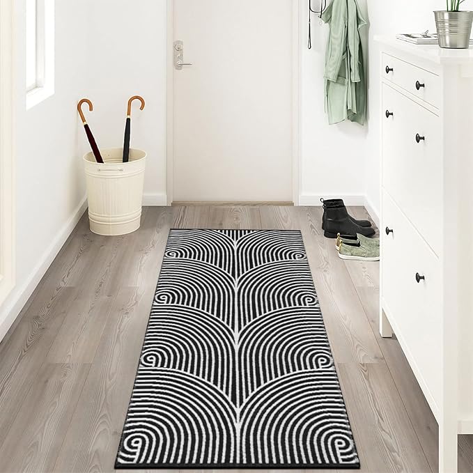 Tiffasea Black and White Kitchen Rug 2'x4' Washable Indoor Outdoor Rugs | Machine Washable Rug Cotton Hand-Woven Modern Area Rug Front Door Rug for Living Room/Entryway/Laundry/Bathroom/Bedroom