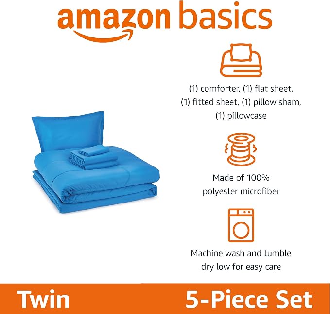 Amazon Basics 5-Piece Microfiber Kid's Bed-in-a-Bag Bedding Set, Twin, Blue, Solid