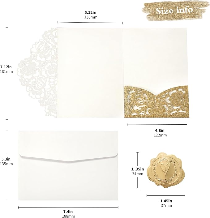 DORIS HOME Laser Cut Wedding Invitation Pockets, Gold Glitter, 5"x7" | 50pcs, With Envelopes, For Wedding & Anniversary, No Inserts Included
