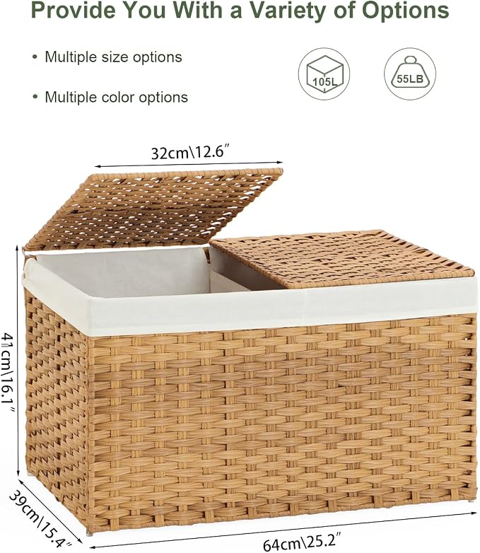 SETVSON Storage Basket with Lid Rattan Storage Basket with 2 Separate Lid, 27.8 Gallon (105 L) 25.2 * 15.4 * 16.1 Inches Woven Wicker Baskets with 2 Liners and Handles for Bedroom Laundry-Natural | 105L Storage Bin with 2 Separate Lids, 2 Removable Lin...