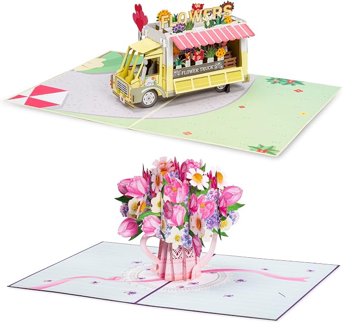 Paper Love Pop Up Cards 2 Pack - Includes 1 Flower Truck and 1 Flower Watering Can, For All Occasions, Mother Day, Birthday, Just Because- Includes Envelope and Note Tag