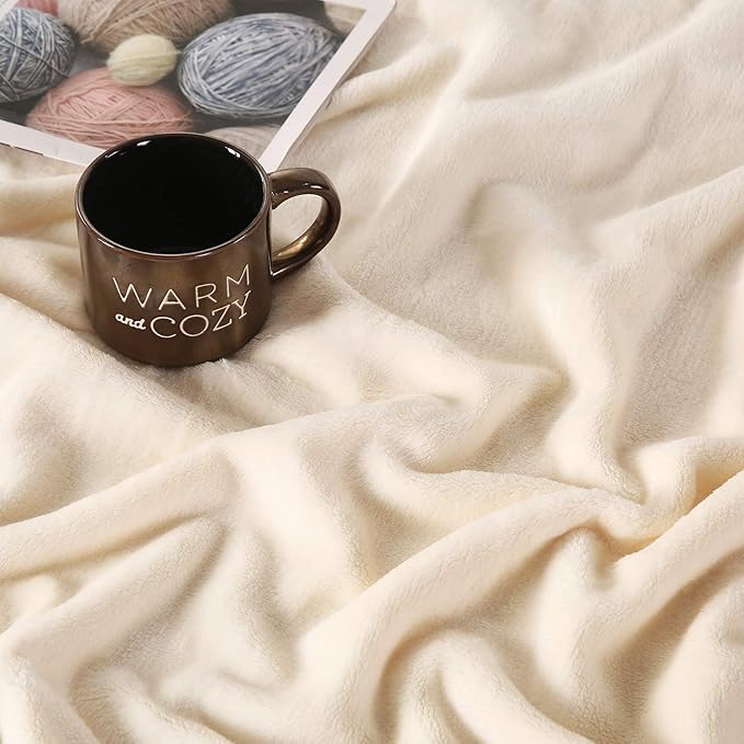 TASTHROW Large Flannel Fleece Throw Blanket, 50×70 Inch - Cozy Lightweight Thick Blanket - All Seasons Suitable for Women, Men and Kids (Two Pack, Creamwhite)