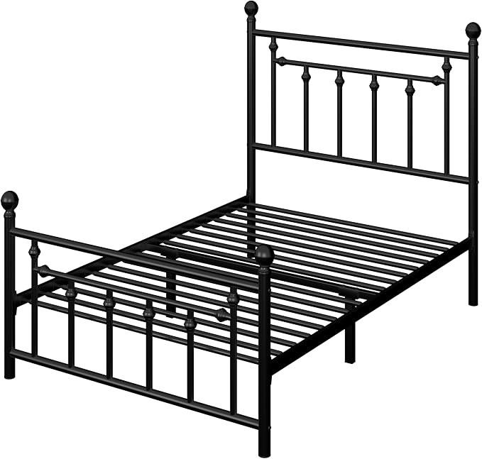 Allewie 14'' Twin Size Metal Platform Bed Frame, Vintage Headboard, Black | 45'' Tall Victorian Headboard/Footboard/Mattress Foundation/Under Bed Storage/No Box Spring Needed/Easy Assembly/Noise Free