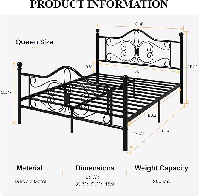 SHA CERLIN Queen Size Metal Bed Frame with Butterfly Headboard, Black | Metal Platform Bed for Kids, Wrought Iron-Art Headboard/Footboard, Under-Bed Storage, No Box Spring Needed, Easy Assembly