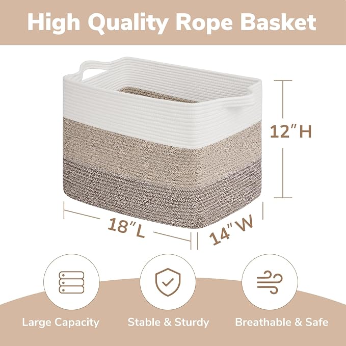 Goodpick 50L Large Woven Blanket Basket, 18" x 14" x 12", Gradient Brown | Decorative Storage Basket for Blankets, Pillows & Toys Storage, Living Room & Bedroom Organization, Stylish Home Decor