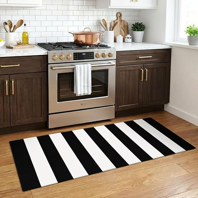 KOZYFLY Black and White Striped Runner Rug 2x4.3 ft Doormat Cotton Woven Washable Indoor Outdoor Rug Small Front Door Rugs for Entryway Porch Kitchen Patio Laundry Room
