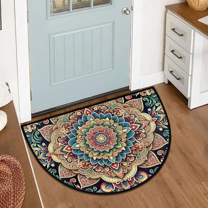 Mandala Rainbow Half Moon Rug Mandala Flower Rainbow Ethnic Half Round Door Mat Washable Half Circle Area Rugs Indoor Entrance Non Slip Semi Circle Bathroom Rugs Floor Carpet for Kithen Bedroom Decor