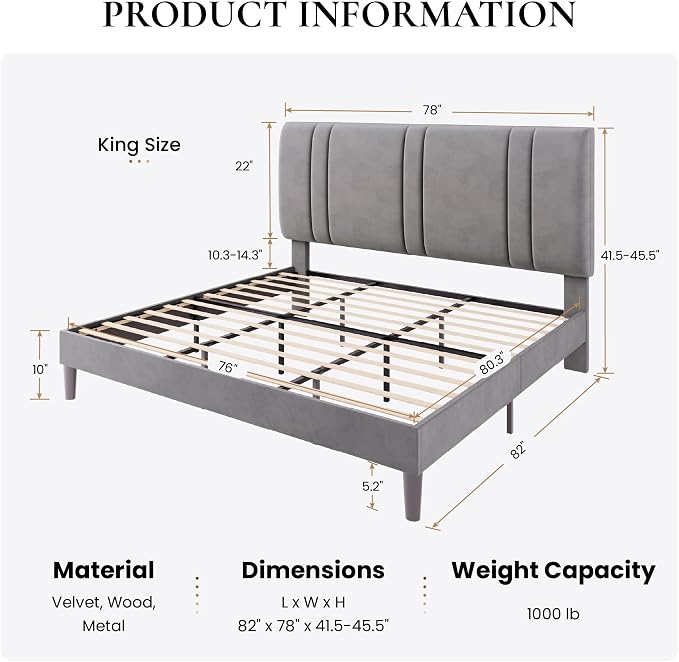SHA CERLIN King Size Velvet Bed Frame with Adjustable Headboard, Grey | Vertical Channel Tufted Design, Upholstered Platform Bed, Wood Slats Support/No Box Spring Needed/Easy Assembly