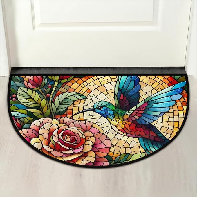 Colorful Hummingbird Flower Half Round Mat Half Moon Door Rug Washable Durable Semi Circle Carpet Floor mats for Indoor Outdoor Bathroom Kitchen Patio Hearth Rug Laundry Room Home Decoration