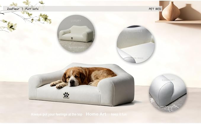 Human & Pet Shared Dog Sofa, Solid Pine Wood Frame with High Resilience Foam, Indoor Pet Furniture(Cream White)