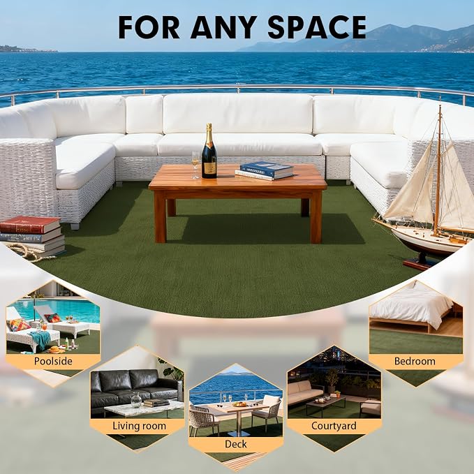 Grefinity Marine Carpet,5 FT x 15 FT Olive Green Indoor Outdoor Carpet 0.2" Thick Boat Rug with Water-Proof TPE Backing for Home, Patio, Porch, Deck