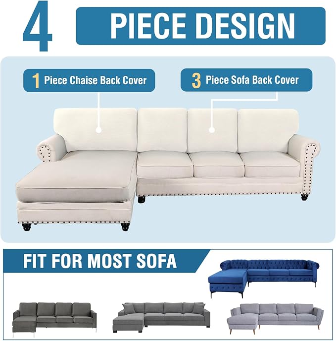 H.VERSAILTEX Backrest Cushion Covers Sectional Couch Back Cushion Covers for Sectional Sofa Set for Both Left/Right Couch (Back Only: 1 Chaise + 3 Sofa, Ivory)