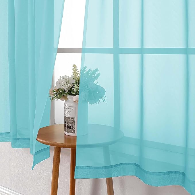 Lecloud Aqua Sheer Curtains for Living Room 90 Inches Long 2 Pcs, Voile Solid Color Airy Bedroom Decor Privacy Drapes, Dual Rod Pockets Light Filtering Soft Window Curtains, Each Panel 42" W x 90" L