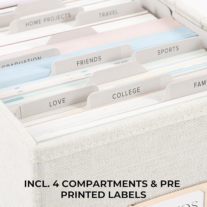 ZICOTO Decorative Photo Storage Box - Sturdy Linen Photo Organizer with Dividers is Perfect to Store Up to 850 Pictures and 4x6 Photos - Portable Scrapbook Storage Containers with Lid