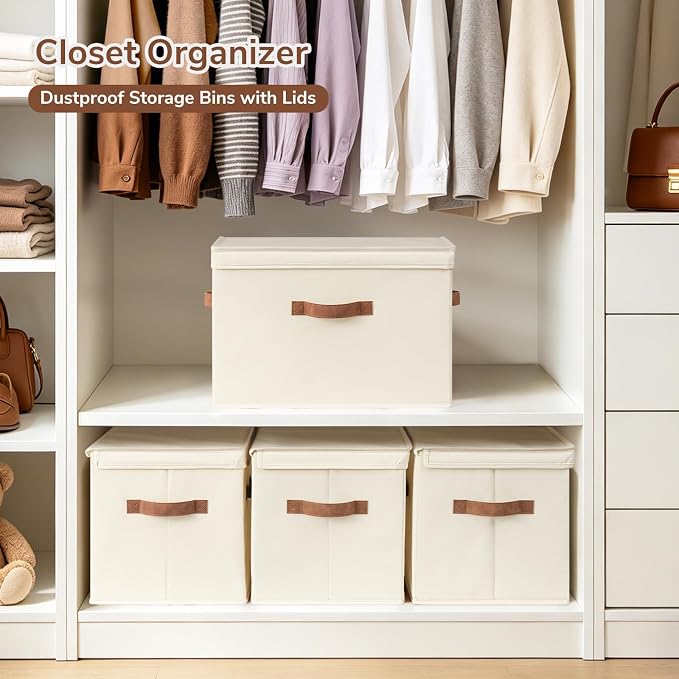 CHICVITA 4-Pack Large Fabric Storage Bins with Lids for Shelves, Ivory | 17.1" x 11.2" x 11.6" Decorative Storage Boxes with Handles for Clothes Fit Closet, Toy Box with Support Plate for Playroom