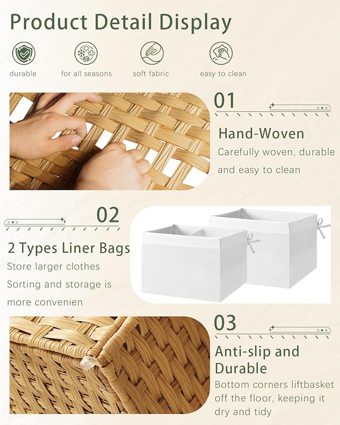 SETVSON Storage Basket with Lid Rattan Storage Basket with 2 Separate Lid, 27.8 Gallon (105 L) 25.2 * 15.4 * 16.1 Inches Woven Wicker Baskets with 2 Liners and Handles for Bedroom Laundry-Natural | 105L Storage Bin with 2 Separate Lids, 2 Removable Lin...