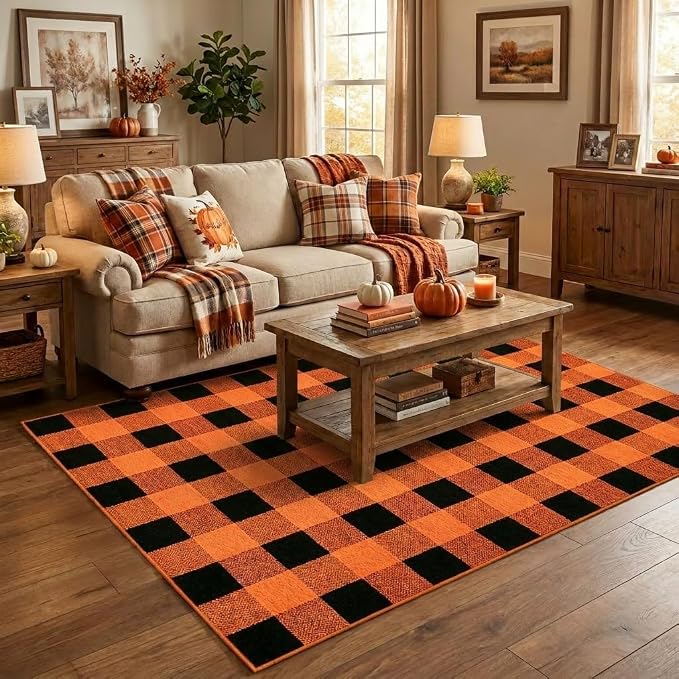 Buffalo Plaid Rug 4' x 6' Orange and Black Halloween Front Doomat Reversible Layered Porch Rug Washable Hand Woven Cotton Area Rug for Indoor Outdoor Living Dining Room Bedroom Kitchen Porch Decor