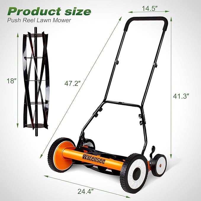 Walensee 18-Inch Manual Lawn Mower, 5-Blade Push Reel, 9 Heights | Precision-Ground Alloy-Steel Blades Deliver Clean Scissor-Like Cuts, While Manual Cordless Operation Keeps Lawn Care Quiet