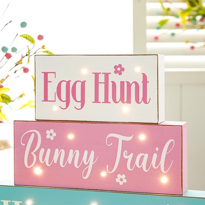 Glitzhome LED Lighted Wooden Easter Table Sign Spring Home Decor for Holiday Easter Party Supplies Props
