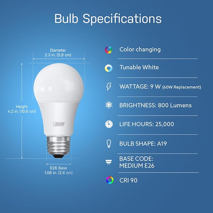 Feit Electric Smart Light Bulbs, A19 RGBW Color Changing - 60W Eq - 6 Pack | Wi-Fi 2.4GHz, Works with Alexa & Google, App Dimmable, E26 800 Lumens, Tunable White 2700-6500K, CRI 90, Wifi LED Lightbulbs
