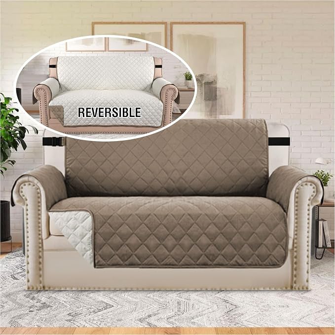 H.VERSAILTEX Reversible Loveseat Cover Water Resistant Furniture Protector for Dog Non Slip Couch Cover with Elastic Strap Washable Loveseat Slipcover Seat Width to 46"(Loveseat, Taupe Brown/Beige)