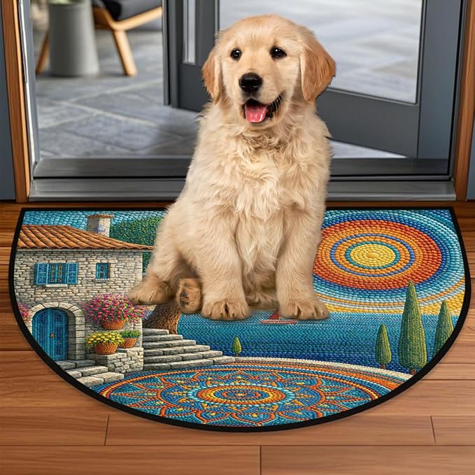 Sailboat Half Round Door Mat Semi Circle Rug Half Moon Doormat | Soft Washable Coastal Sun Welcome Entrance Mat for Outdoor Indoor Floor Bedroom Bathroom Home Kitchen Festival Decor