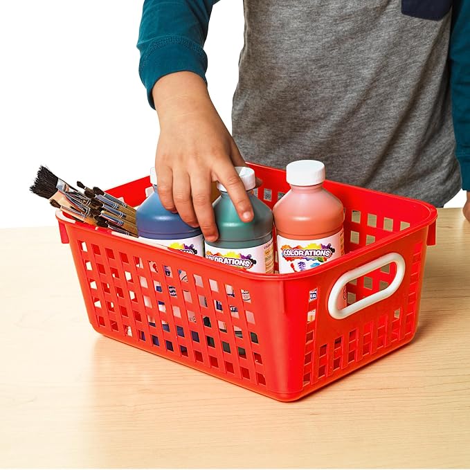 Really Good Stuff Medium Plastic Book Baskets, 11" by 7.5" by 4.5", 6-Pack | Rainbow Group Colors, Versatile Storage Solution for Classroom, Home, & Office